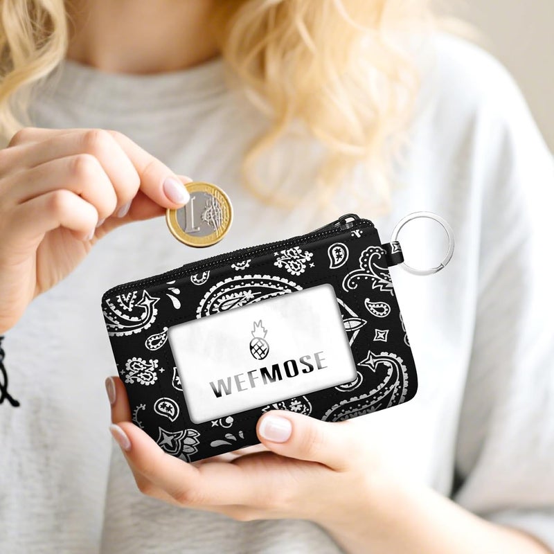 WEFMOSE Small Wallet Keychain with Clear ID Window Zipper Cute ID Case Coin Purse for Women Water Resistant Coin Pouch-Paisley-Black Keychain Wallet - Image 2